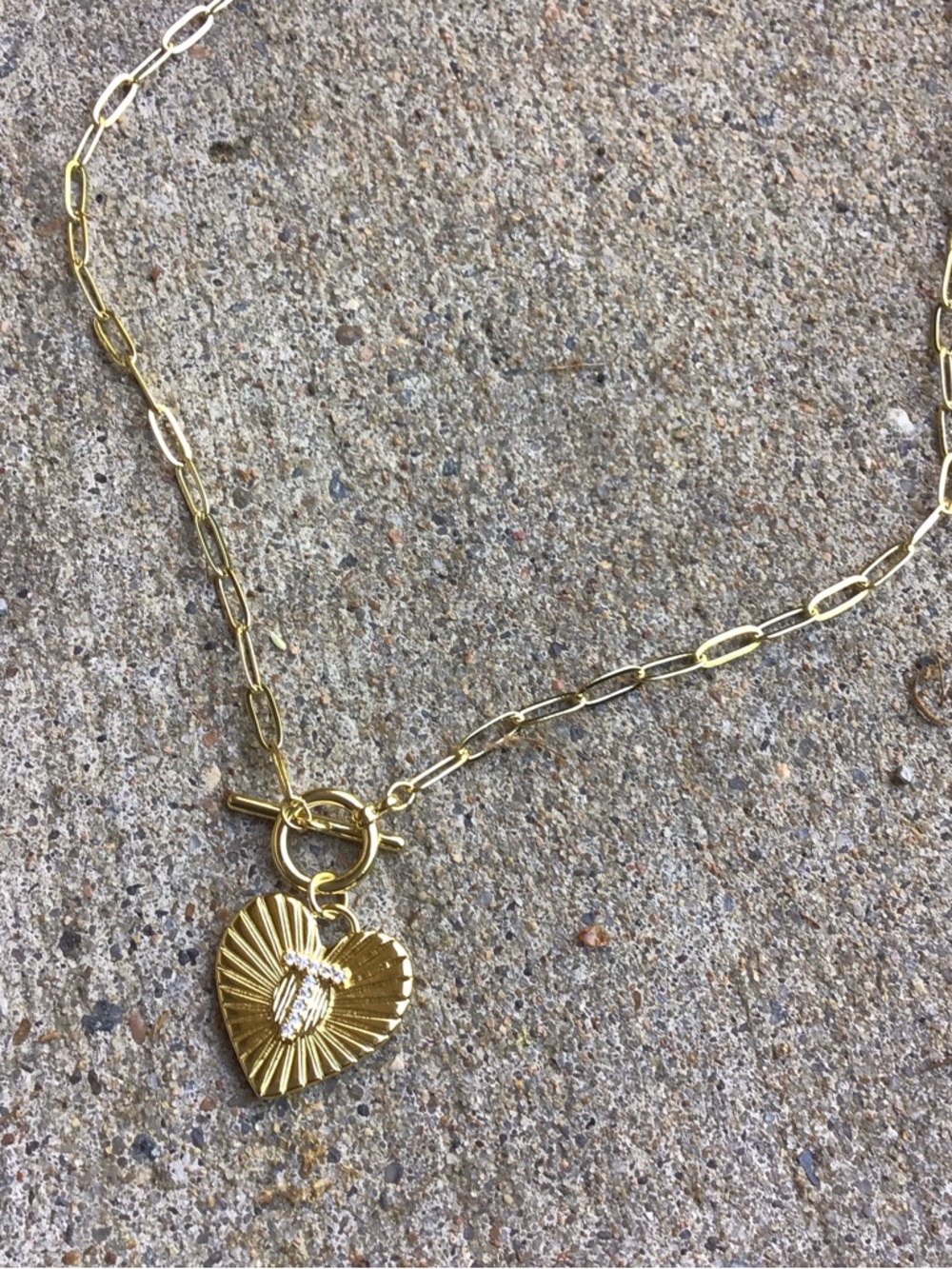 Gold Heart Burst Toggle Necklace with Faux Diamond T Initial